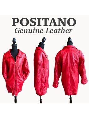 Leather Positano Jacket Front Zip Dolman Sleeves Quilted Lining Pockets Red